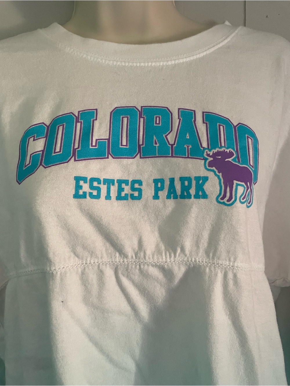 Colorado Estes Park White Women’s Tee with Teal & Purple Graphic